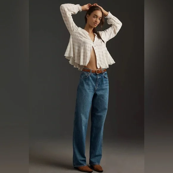 NWOT Anthropologie Long-Sleeve Button-Front Textured Blouse - Picture 3 of 12